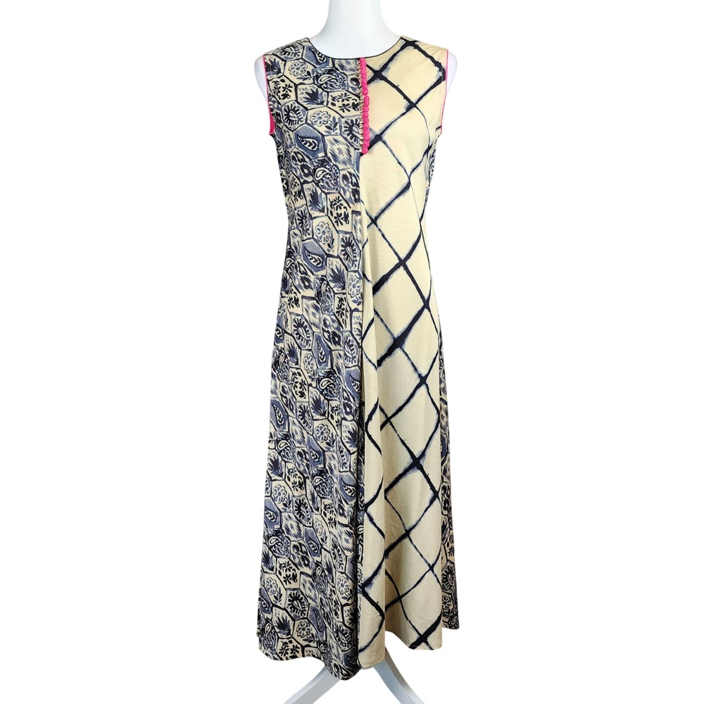 Mebaz Satya Designs Blue Cream Floral Grid Cotton Maxi Dress US4 36 A-Line Tunic
